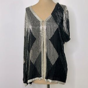 Swee Lo 🧮 Vintage Beaded 100% Silk Geometric Long Sleeve Flashy Blouse Jacket